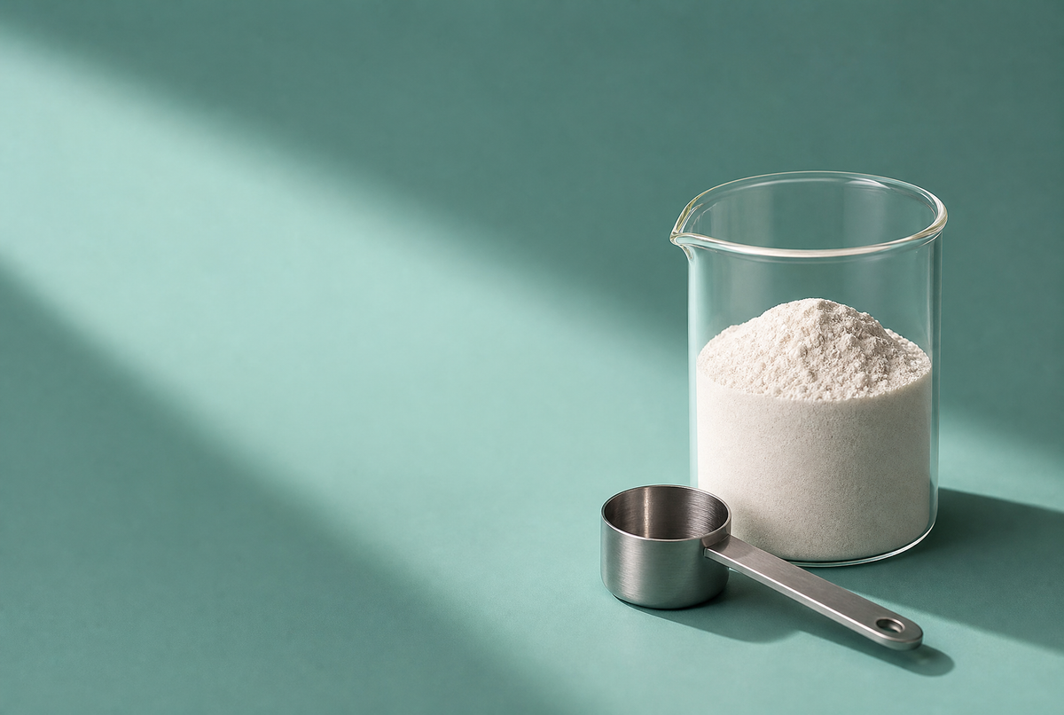 Laboratóriumi főzőpohár fehérjeporral és mérőkanállal – fehérjebevitel
