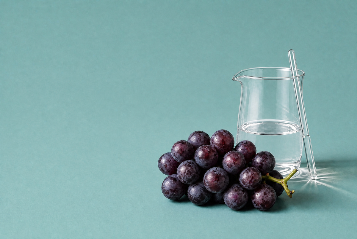 Lila szőlőfürt laboratóriumi főzőpohárral és pipettával – resveratrol és NAD+ kutatás